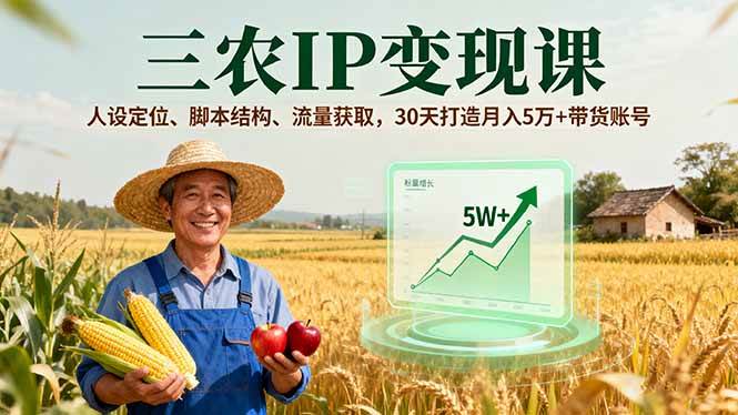 三农IP变现课,人设定位、脚本结构、流量获取,30天打造月入5万+带货账号