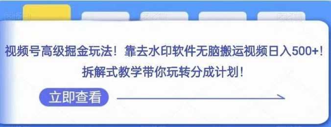 视频号高级掘金玩法，靠去水印软件无脑搬运视频日入500+，拆解式教学带你玩转分成计划【揭秘】