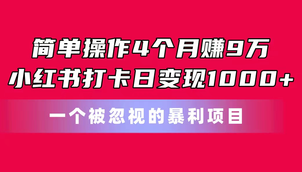 简单操作4个月赚9万！小红书打卡日变现1000+！一个被忽视的暴力项目