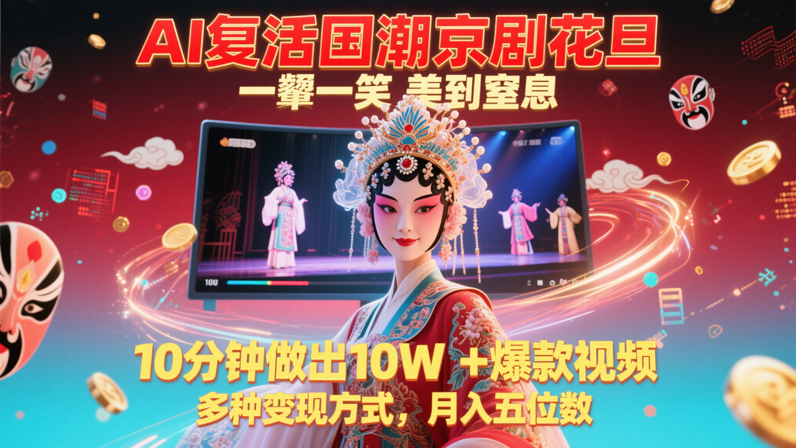 AI复活国潮京剧花旦，一颦一笑美到窒息，10分钟做出10W+爆款视频，多种变现方式，&#8230;