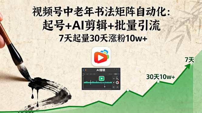 视频号中老年书法矩阵自动化：起号+AI剪辑+批量引流 7天起量30天涨粉10w+