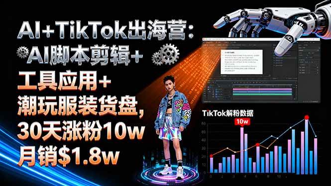 AI+TikTok出海营:AI脚本剪辑+工具应用+潮玩服装货盘,30天涨粉10w月销$1.8w