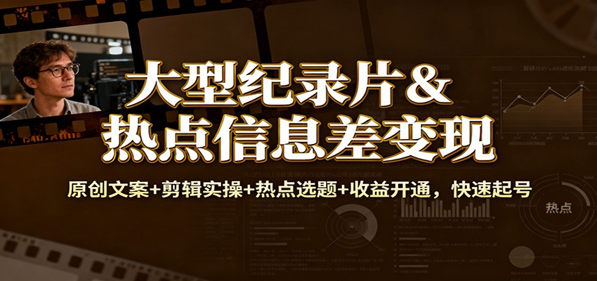 大型纪录片&amp;热点信息差变现：原创文案+剪辑实操+热点选题+收益开通，快速起号