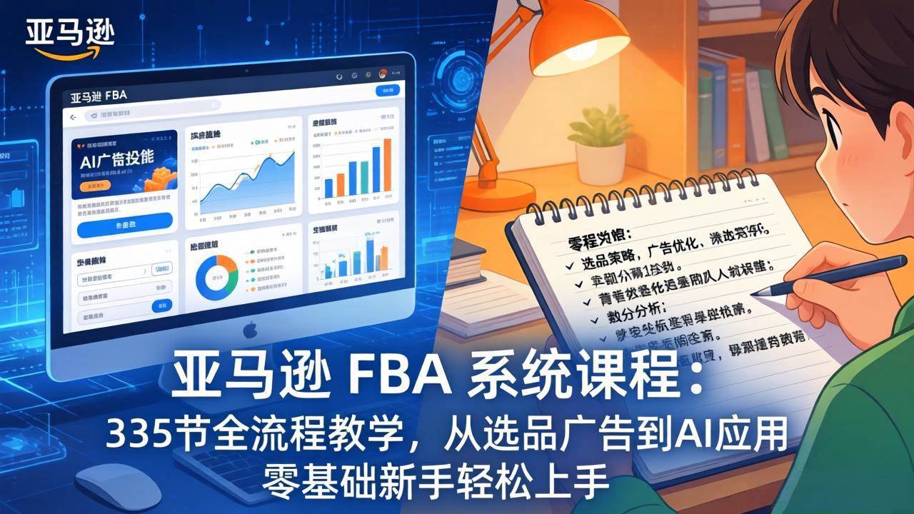 亚马逊 FBA 系统课程335节全流程教学，从选品广告到AI应用，零基础新手轻松上手