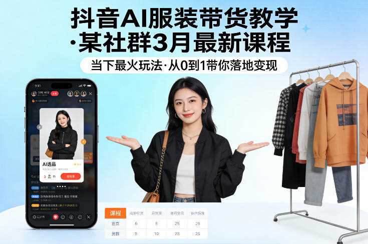 抖音AI服装带货教学,某社群3月最新课程,当下最火玩法,从0到1带你落地变现