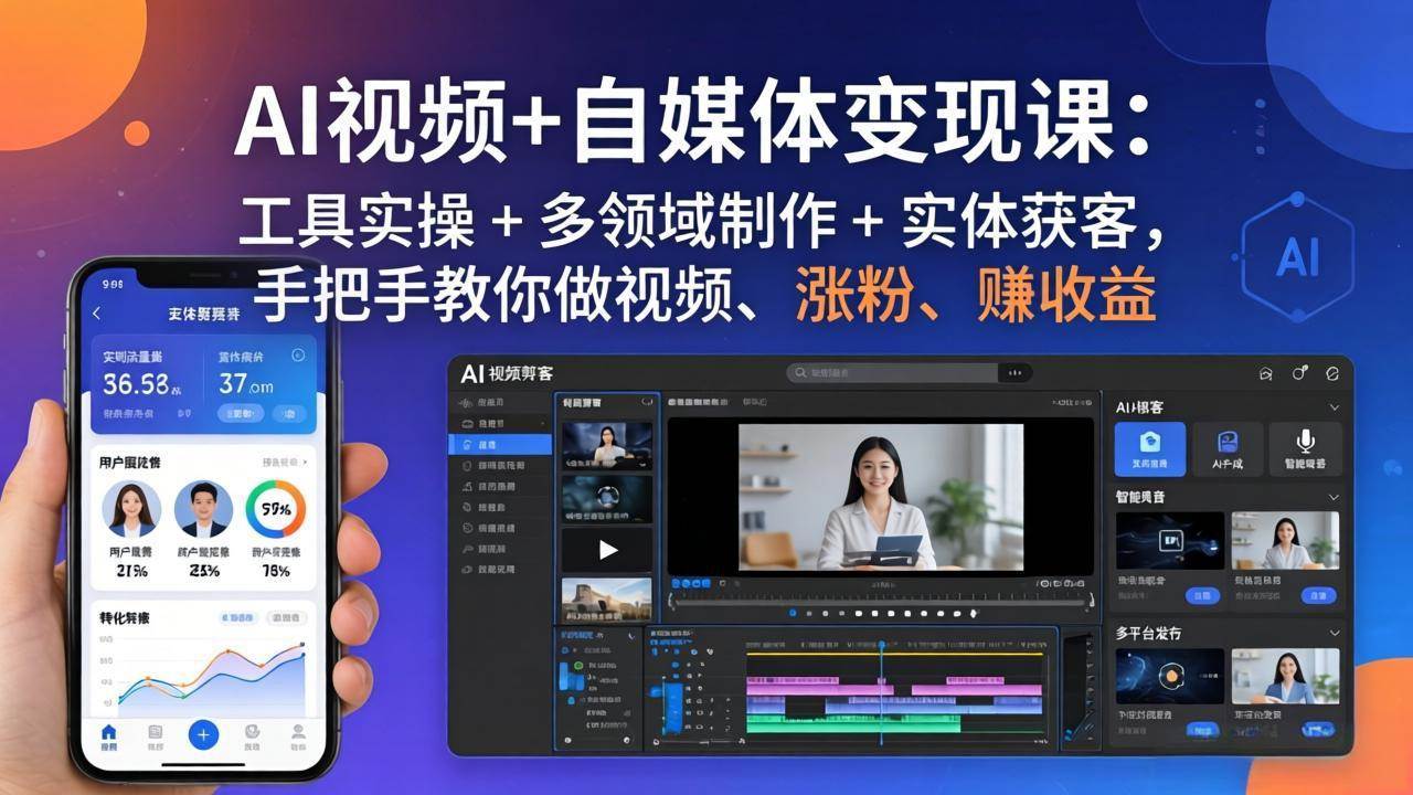 AI视频+自媒体变现课：工具实操 + 多领域制作 + 实体获客，手把手教你做视频、涨粉、赚收益